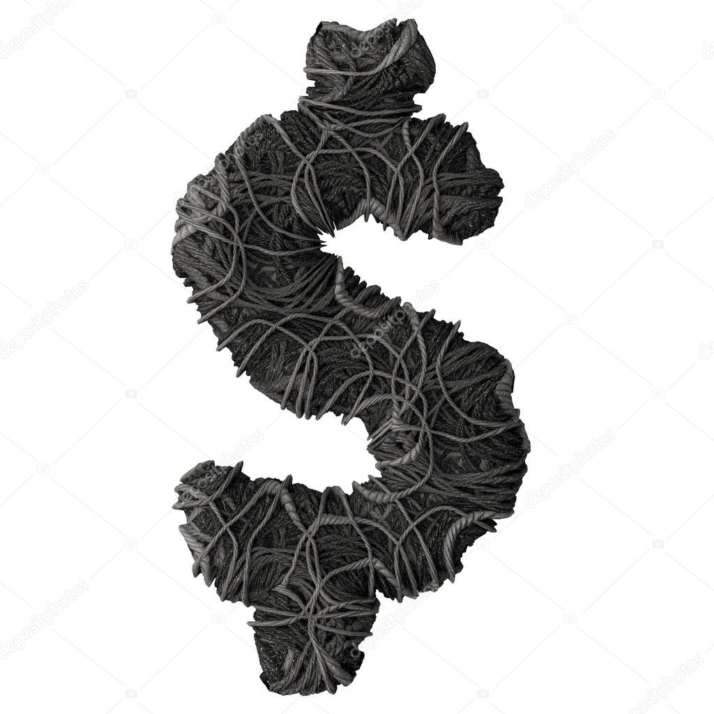Symbol $ stylized in the form of a rope pile - 3D render