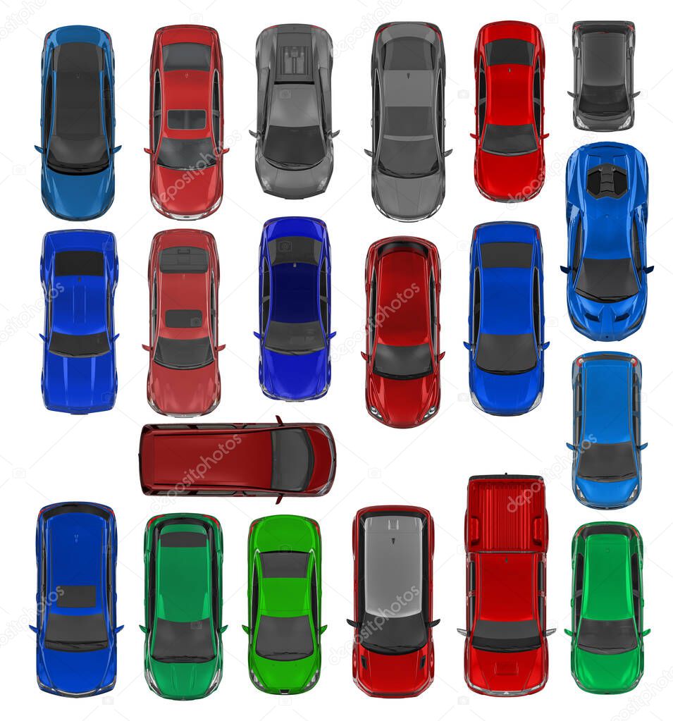 Set of 20 Cars - top view 3D render