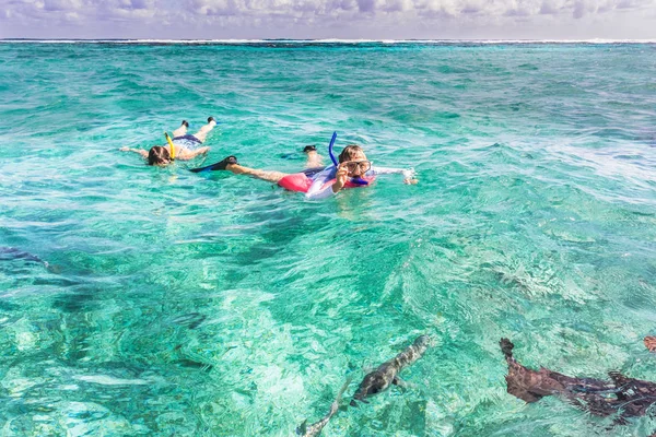 人々 は Caye Caulker、ベリーズの近くのサンゴ礁でシュノーケ リングします。 — ストック写真