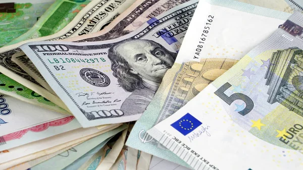 US dollars, Korean Won, Euro bills and some money bills and banknotes — Stock Photo, Image