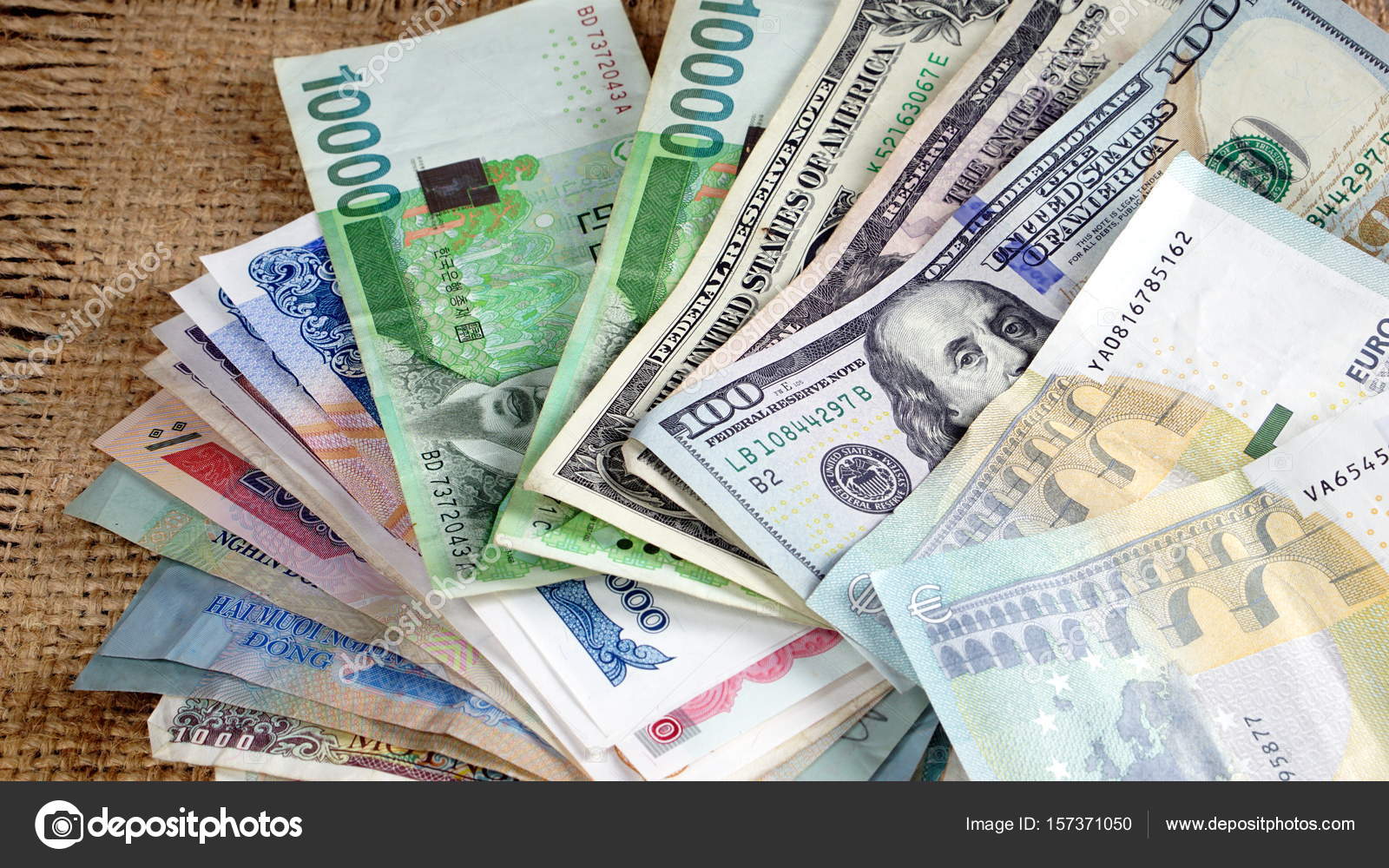 US dollars, Korean Won, Euro bills and some money bills and banknotes