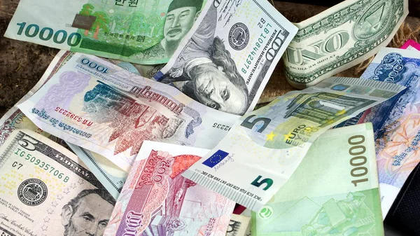 US dollars, Korean Won, Euro bills and some money bills and banknotes. Stock Image