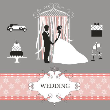 Gelin ve Damat Düğün kemerin altında silüeti. 