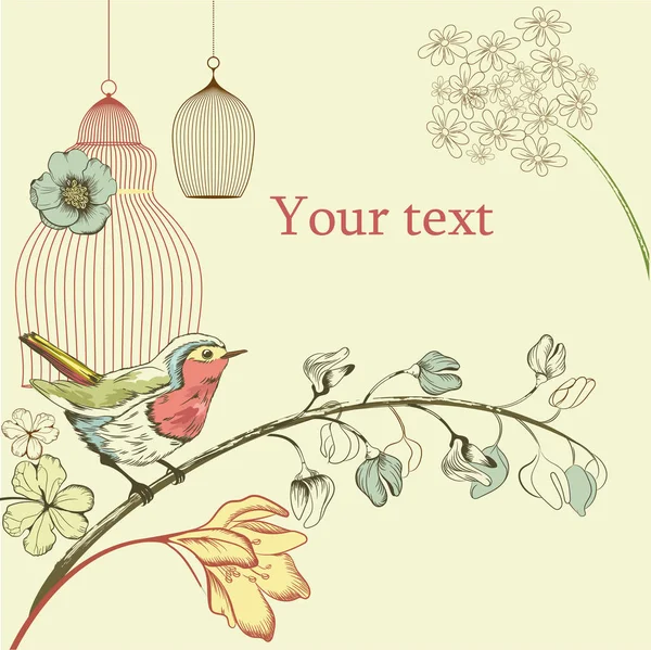 Illustrazione vettoriale di un uccello, una gabbia per uccelli e fiori . — Vettoriale Stock