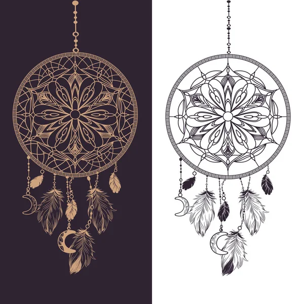Disegnato a mano nativo americano indiano talismano acchiappasogni con mandala modello rotondo, piume, luna . — Vettoriale Stock