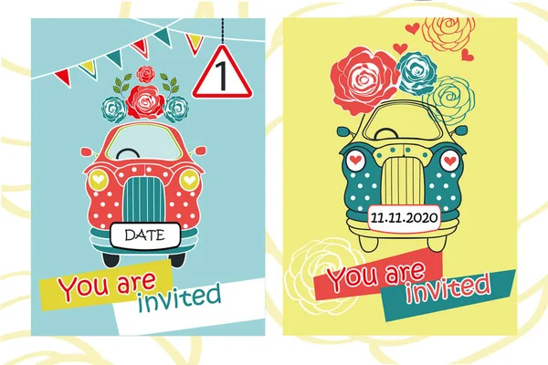 Carte d'invitation bébé avec voiture . — Image vectorielle