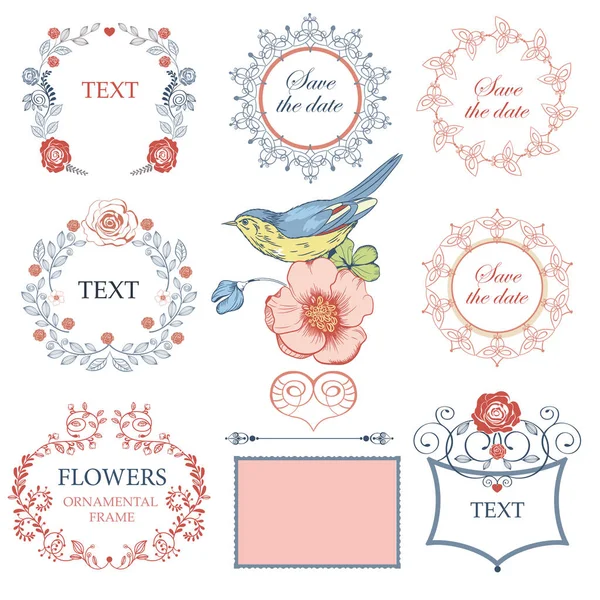 Set of wedding floral frames, decorative elements and  birds. — Stock Vector