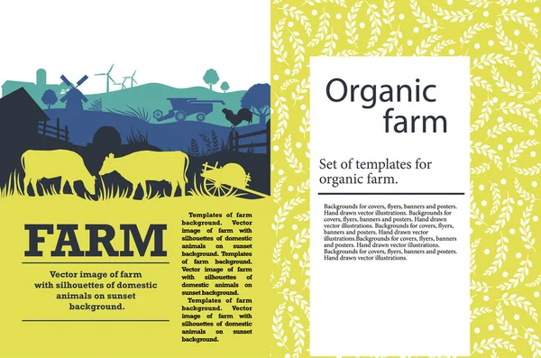 Ilustración vectorial de una granja con siluetas de vacas, pollos y árboles. Plantilla agrícola . — Archivo Imágenes Vectoriales