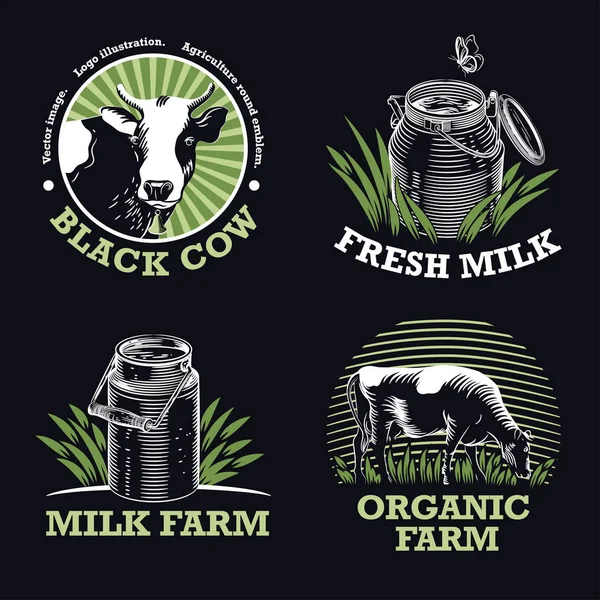 Imágenes vectoriales de vacas y latas de leche. Conjunto de emblemas de granja sobre un fondo azul oscuro. Ilustración del logotipo . — Archivo Imágenes Vectoriales