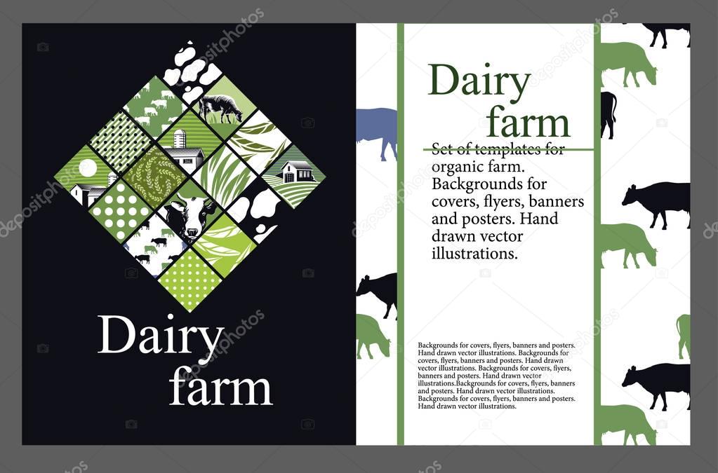 Set of templates for cattle farm. Hand drawn vector illustrations.