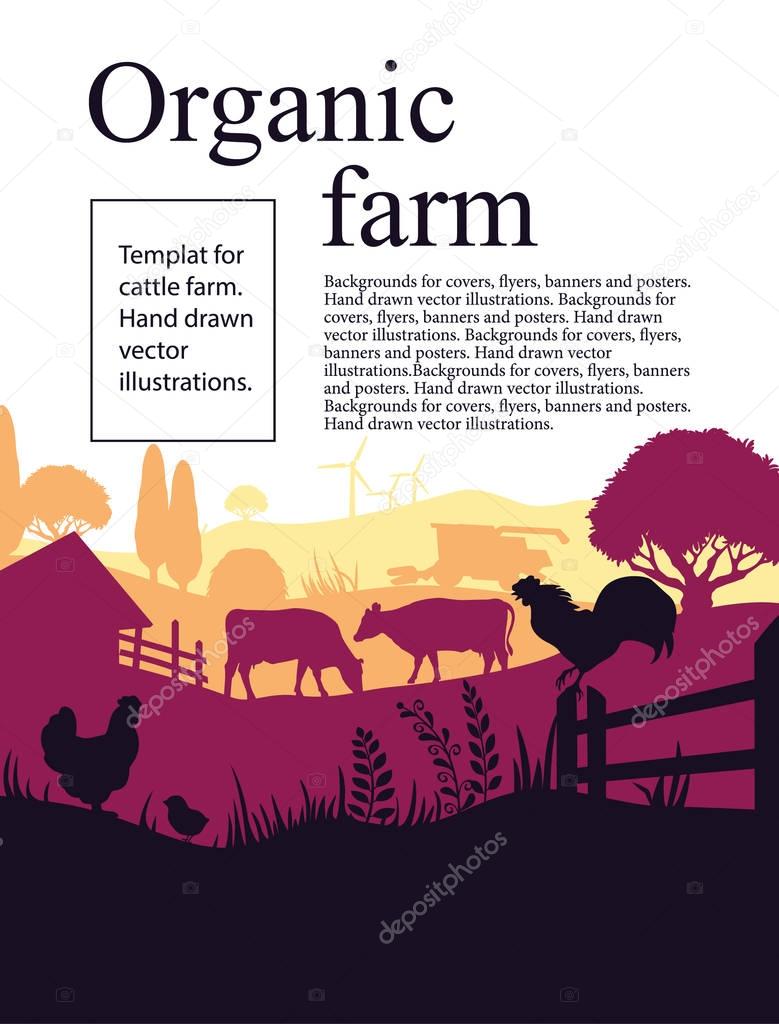 Vector illustration of a farm with silhouettes of cows, chickens and trees. Agricultural template.