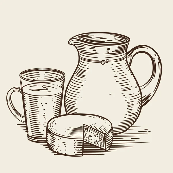 Imagen vectorial de una jarra de leche, vidrio y queso. Representación monocromática en el estilo de grabado. Productos lácteos . — Archivo Imágenes Vectoriales
