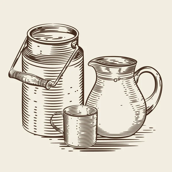 Διανυσματική εικόνα του ένα δοχείο γάλακτος, μια κανάτα για γάλα και ένα φλιτζάνι. Μονόχρωμη απεικόνιση στο στυλ της χαρακτικής. — Διανυσματικό Αρχείο