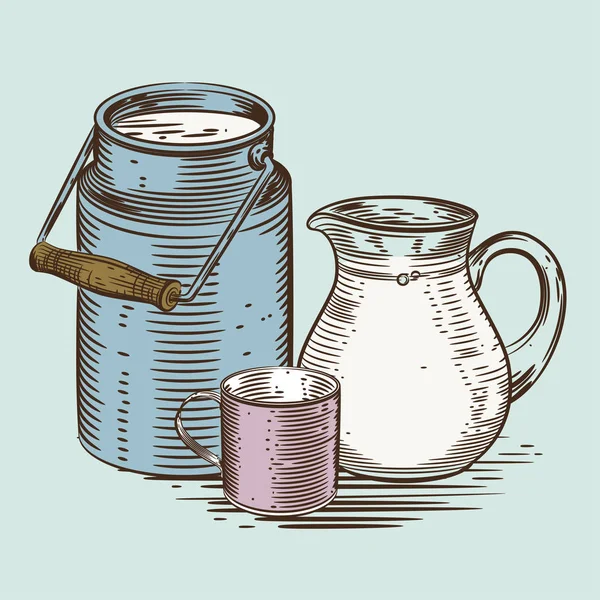Imagen vectorial de una lata de leche, una jarra para leche y una taza. Representación en el estilo de grabado . — Archivo Imágenes Vectoriales