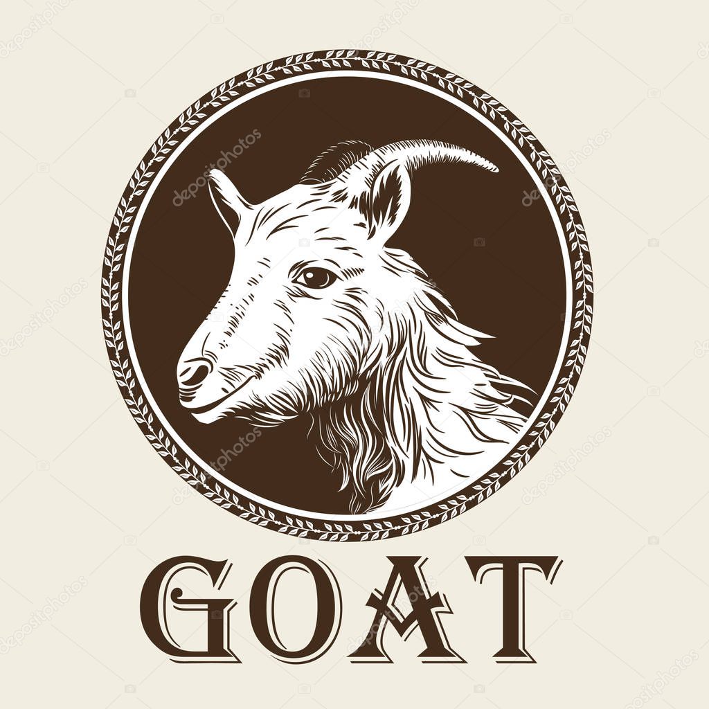 Vector image of a goats head in the style of engraving. Agricultural vintage emblem. Logo illustration
