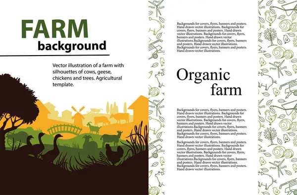 Ilustración vectorial de una granja con siluetas de vacas, gansos, pollos y árboles. Plantilla agrícola . — Archivo Imágenes Vectoriales