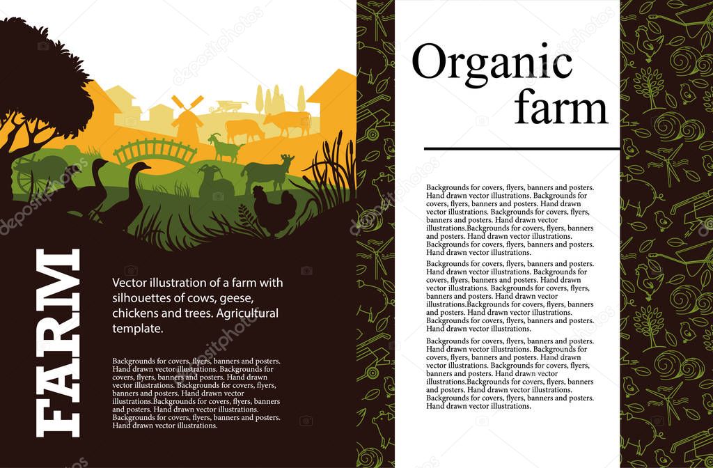 Vector illustration of a farm with silhouettes of cows, geese, chickens and trees. Agricultural template.