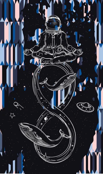 연꽃 포즈를 취하고 있는 우주비행사의 벡터 이미지, 무한대와 고래. — 스톡 벡터