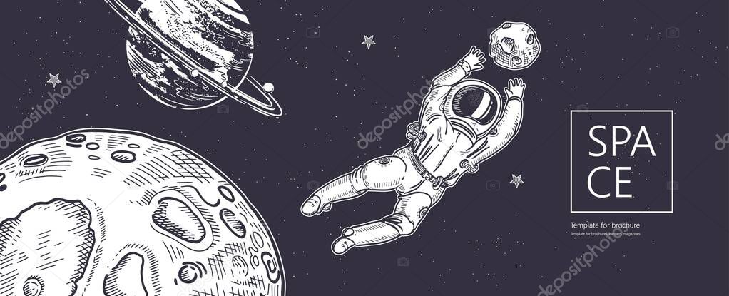 Space background. Outline astronaut, planets, satellites, flying saucers.