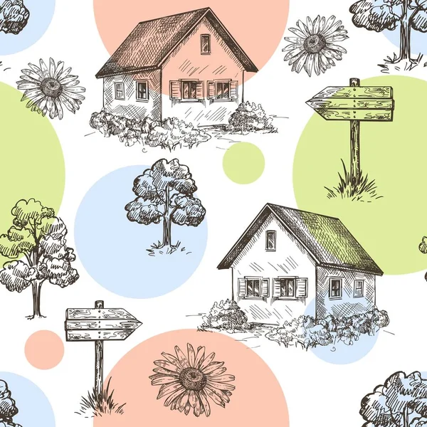 Bezproblémové vzory s vesnickými domy, stromy a dřevěnými cedulemi. Ročník grafiky. — Stockový vektor