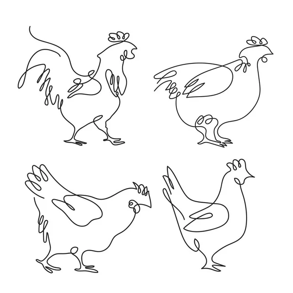 Rooster and hens drawn in one line. Poultry. Set of minimalistic illustrations. — Stock Vector