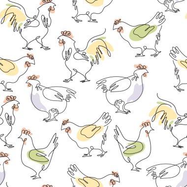 Tavuklar ve horozlarla kusursuz desen. Horoz ve tavuklar tek sıra halinde.