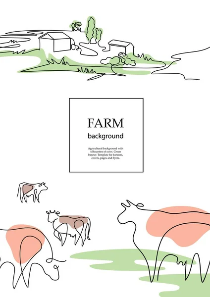 Vacas e casas de aldeia. Projeto de layout de brochura agrícola . — Vetor de Stock