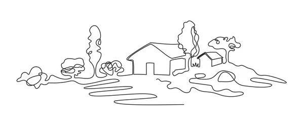 Paisaje rural dibujado en una línea. Casa de campo . — Vector de stock