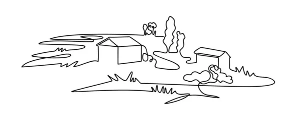 Paisaje rural dibujado en una línea. Casa de campo . — Vector de stock