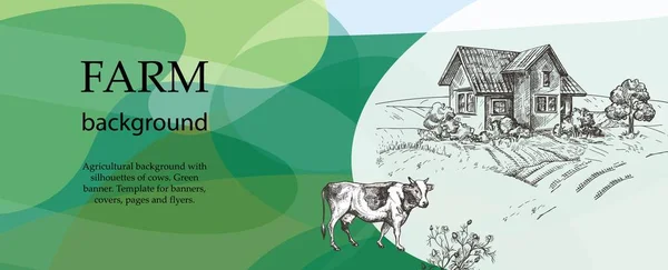 Kuh und Dorfhaus. Ein Beispiel für eine Kulisse für eine Rinderfarm. — Stockvektor