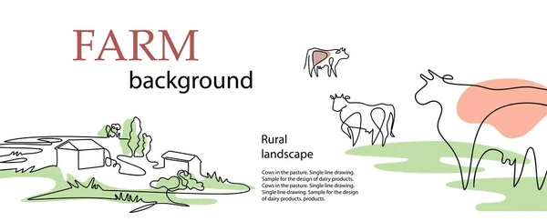 Horizontale banner. Koeien en dorpswoningen. Landbouwmodel. — Stockvector