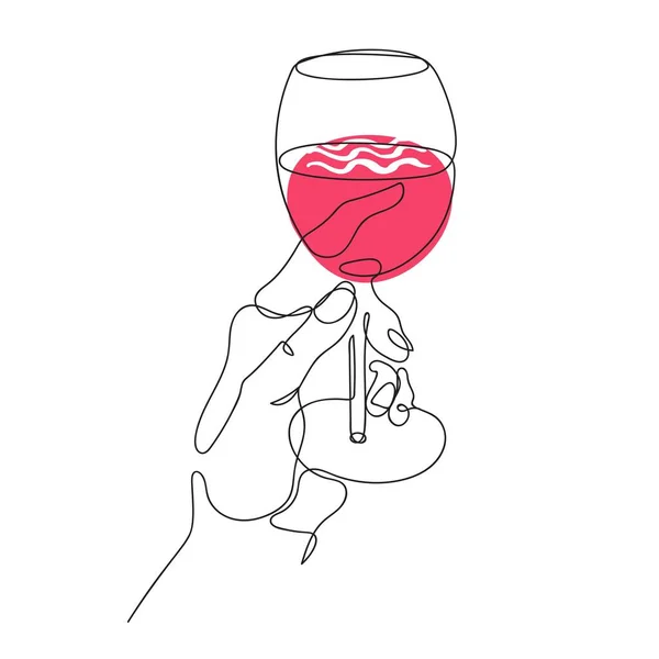 手にはワインのグラスがある。1行で描画されるリスト。ミニマリストスタイルのグラフィック. — ストックベクタ