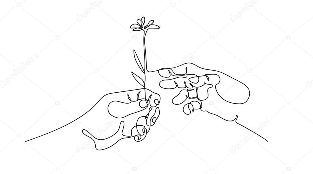 Two hands drawn in one line. Hand gives a flower.