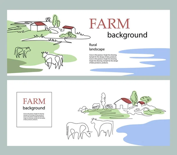 Horizontale Banner. Kühe und Dorfhäuser. Vorlage für die Landwirtschaft. Kühe auf der Weide. — Stockvektor
