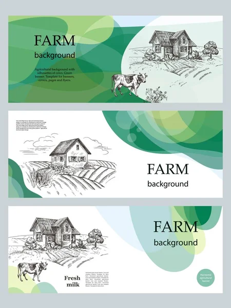 Vaca y casa de pueblo. Conjunto de pancartas horizontales agrícolas. Un ejemplo de telón de fondo para la ganadería . — Vector de stock
