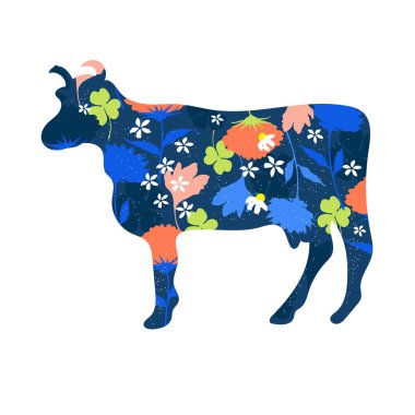 Çiçekli inek silueti. Vektör çizimi. Çiftlik hayvanı. Tarım.