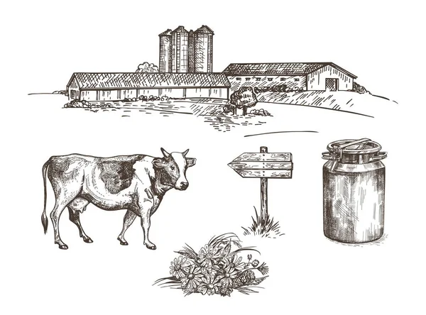 A farm with cowsheds and a grain elevator, a cow, a milk can, a wooden sign, a bouquet of flowers. — Stock Vector