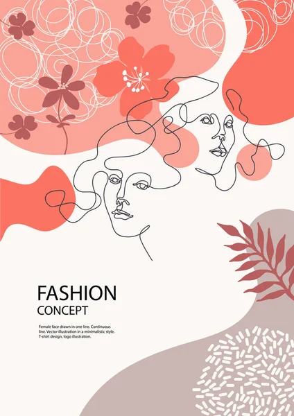 Zwei weibliche Gesichter in einer Linie gezeichnet. Silhouetten von Blumen. Modekonzept. — Stockvektor