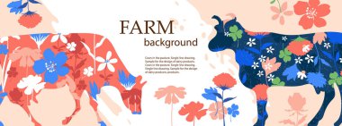 Yatay pankart. Tarım geçmişi. İneklerin ve çiçeklerin siluetleri.