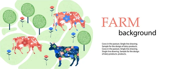 Horizontales Banner. landwirtschaftlicher Hintergrund. Kühe auf der Weide. Silhouetten von Kühen und Blumen. — Stockvektor