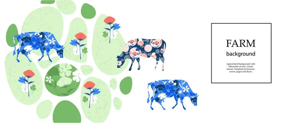 Banner horizontal. Fondo agrícola. Vacas en el pasto. Siluetas de vacas y flores . — Vector de stock