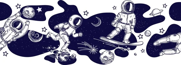 Patrón de borde sin costura horizontal. Astronautas corriendo y saltando. Astronauta en un snowboard . — Archivo Imágenes Vectoriales