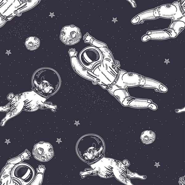 Astronaut vangt een planeet. Naadloos patroon. Ruimte voetbal. — Stockvector