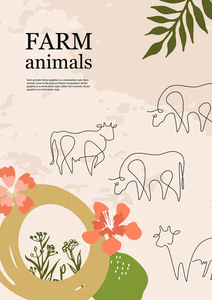 Fondo agrícola. Vacas en el pasto. Dibujo de una línea . — Archivo Imágenes Vectoriales