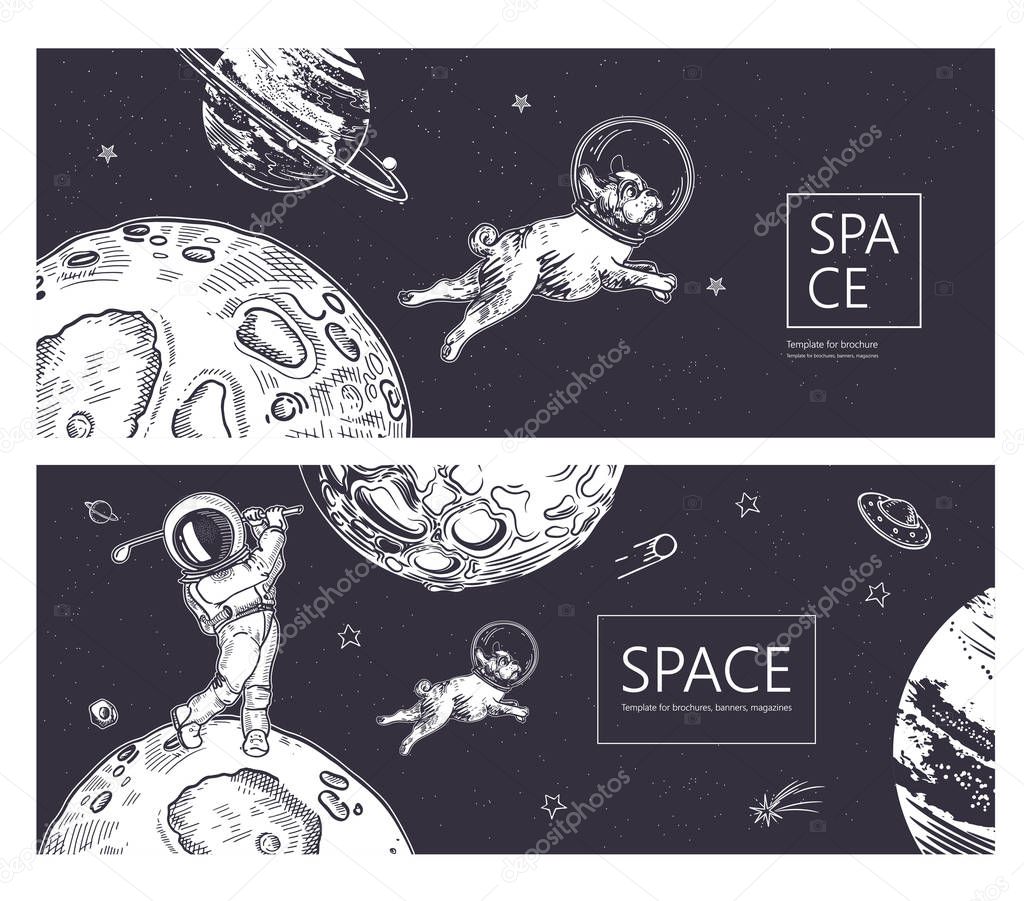 Set of horizontal backgrounds. An astronaut is ice skating in space. Astronaut catches a planet.