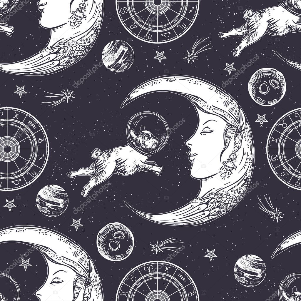 Seamless pattern. Moon face, phases of the moon, sun and crescent. Zodiac circle.