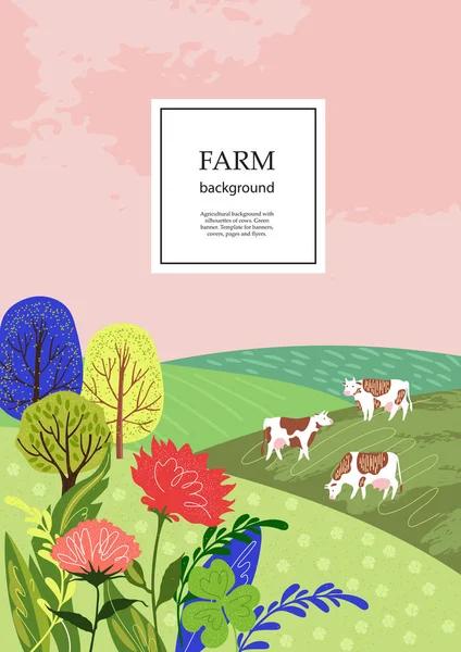 Beispielbroschüre. Landwirtschaftlicher Hintergrund. Kühe auf der Weide. Silhouetten von Kühen und Bäumen. — Stockvektor
