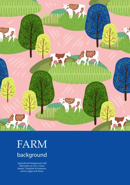 Provbroschyr. Jordbruksbakgrund. Kor i hagen. Silhuetter av kor och träd. — Stock vektor