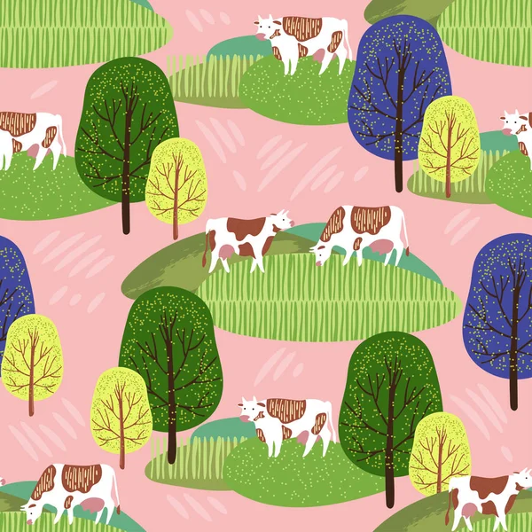 Sömlöst mönster med bilden av silhuetter av kor och träd. — Stock vektor