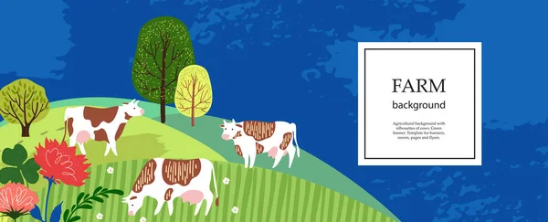 Αγροτικό υπόβαθρο. Αγελάδες στο λιβάδι. Σιλουέτες αγελάδων, σπιτιών και δέντρων. — Διανυσματικό Αρχείο